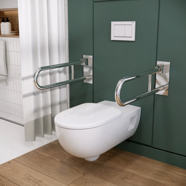 Długa miska WC wisząca maki Koło z poręczami dla osób z niepełnosprawnością marki Lehnen Długa miska WC wisząca maki Koło z poręczami dla osób z niepełnosprawnością marki Lehnen