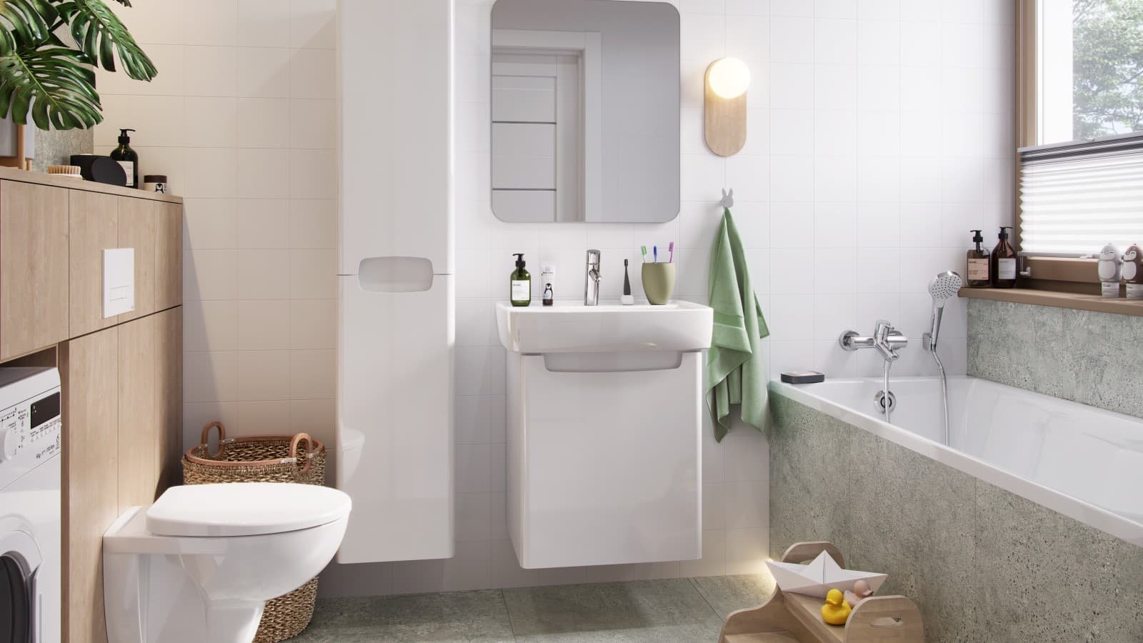 Rodzinna, biała łazienka z produktami marki Koło serii Rekord Rodzinna, biała łazienka z produktami marki Koło serii Rekord